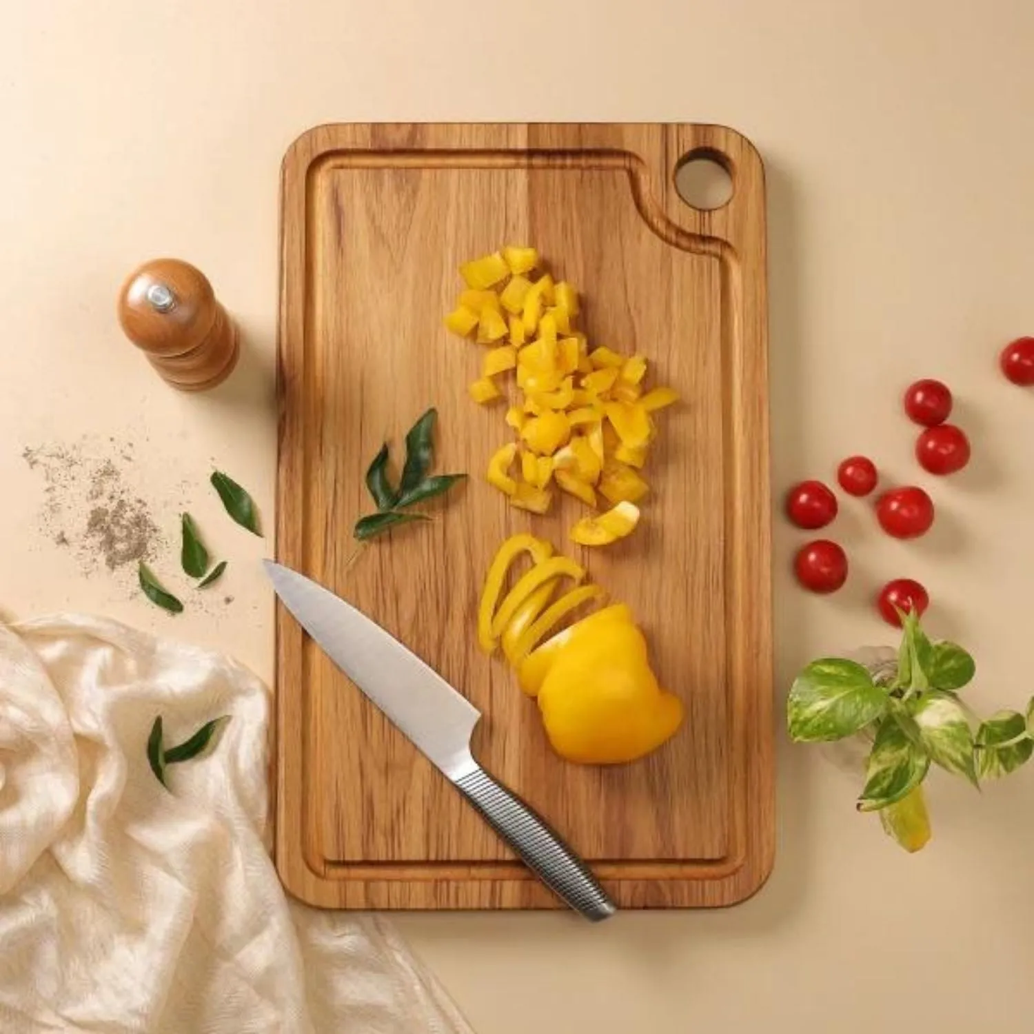 Chopping Board | Premium Teak Wood |  16" | With Juice Groove| Hangable & Durable