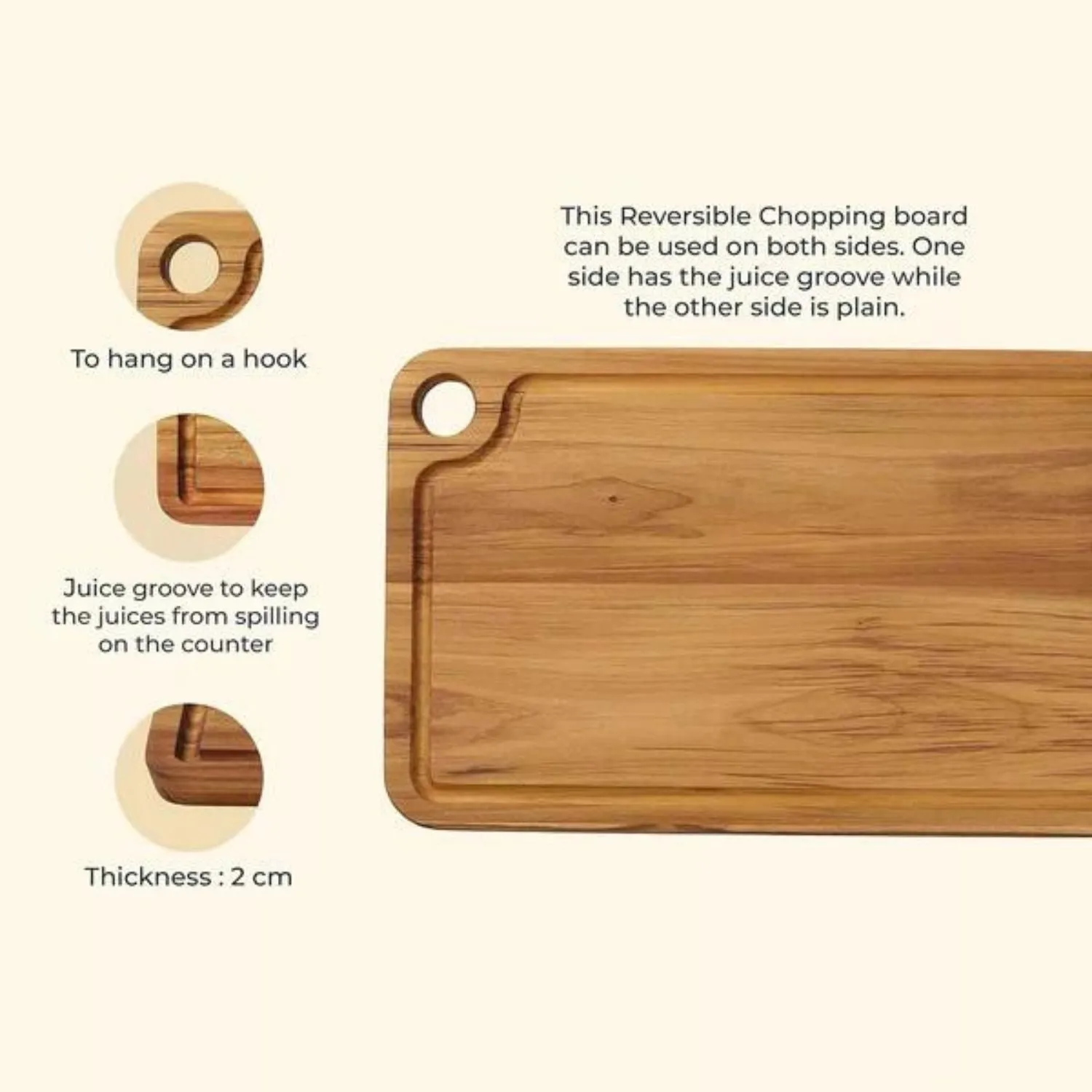 Chopping Board | Premium Teak Wood |  16" | With Juice Groove| Hangable & Durable