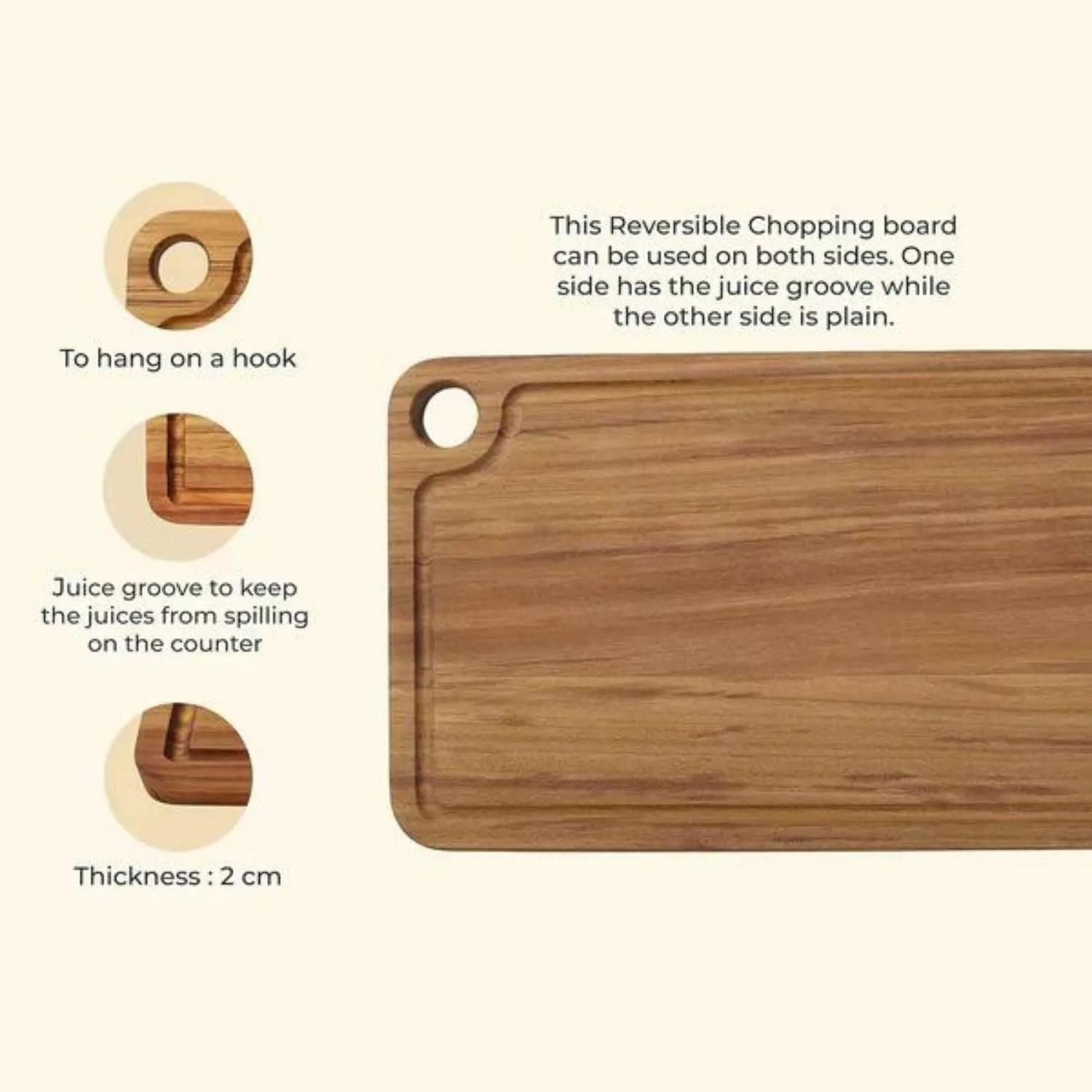 Chopping Board | Premium Teak Wood | Juice Groove | Hangable | Durable | 12"