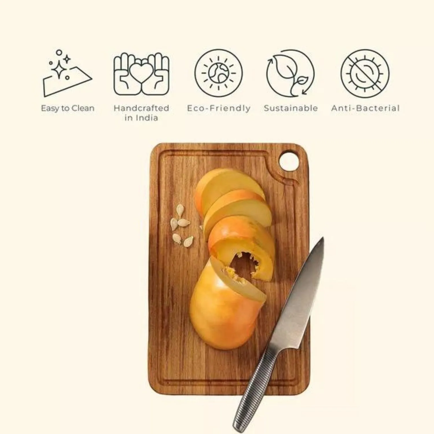 Chopping Board | Premium Teak Wood | Juice Groove | Hangable | Durable | 12"