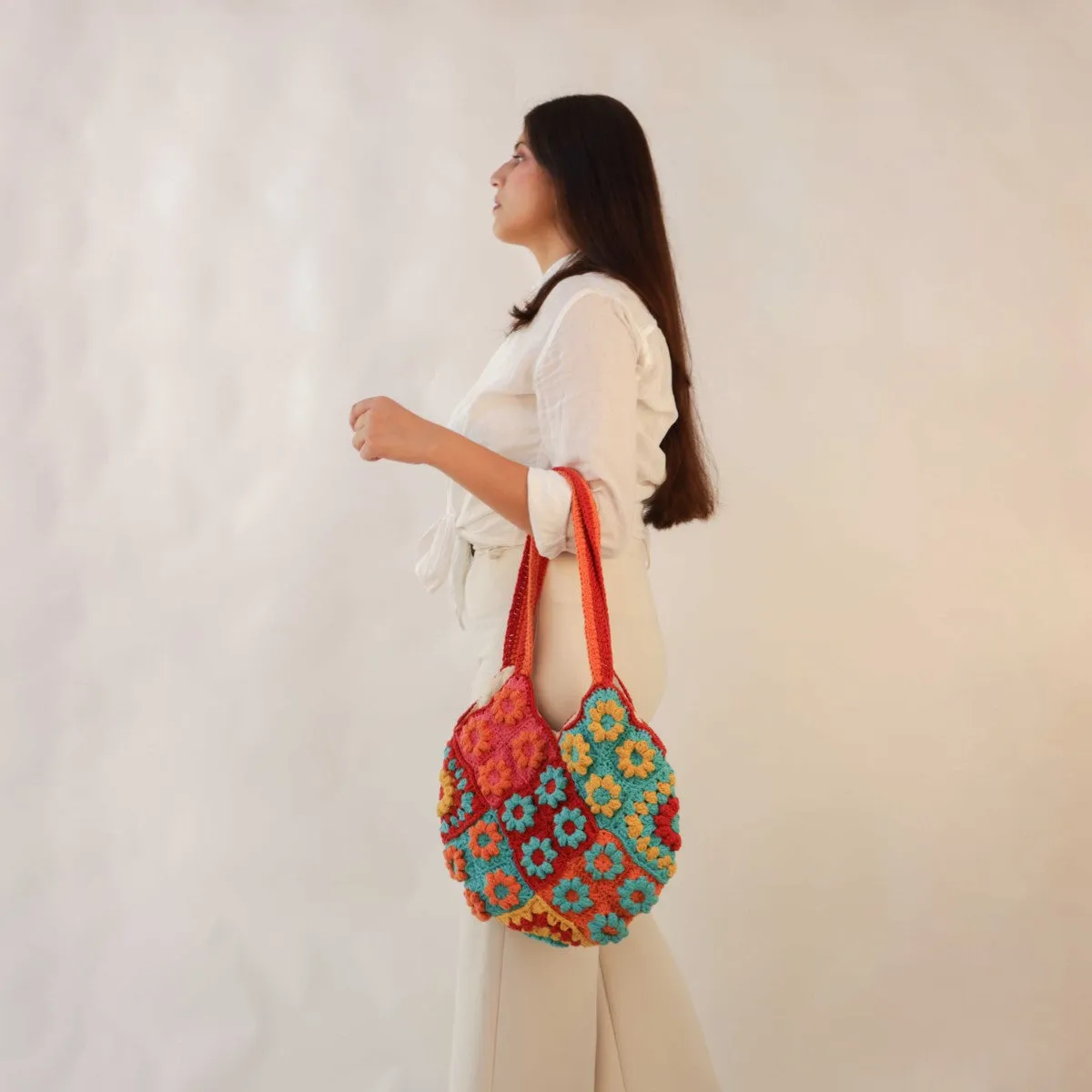 Floral Tote Bag for Women | Hand-Crochet | Cotton Yarn | Crimson Red