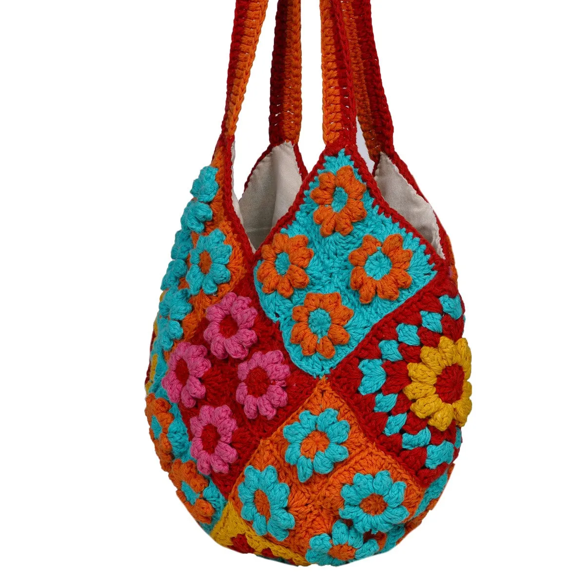 Floral Tote Bag for Women | Hand-Crochet | Cotton Yarn | Crimson Red