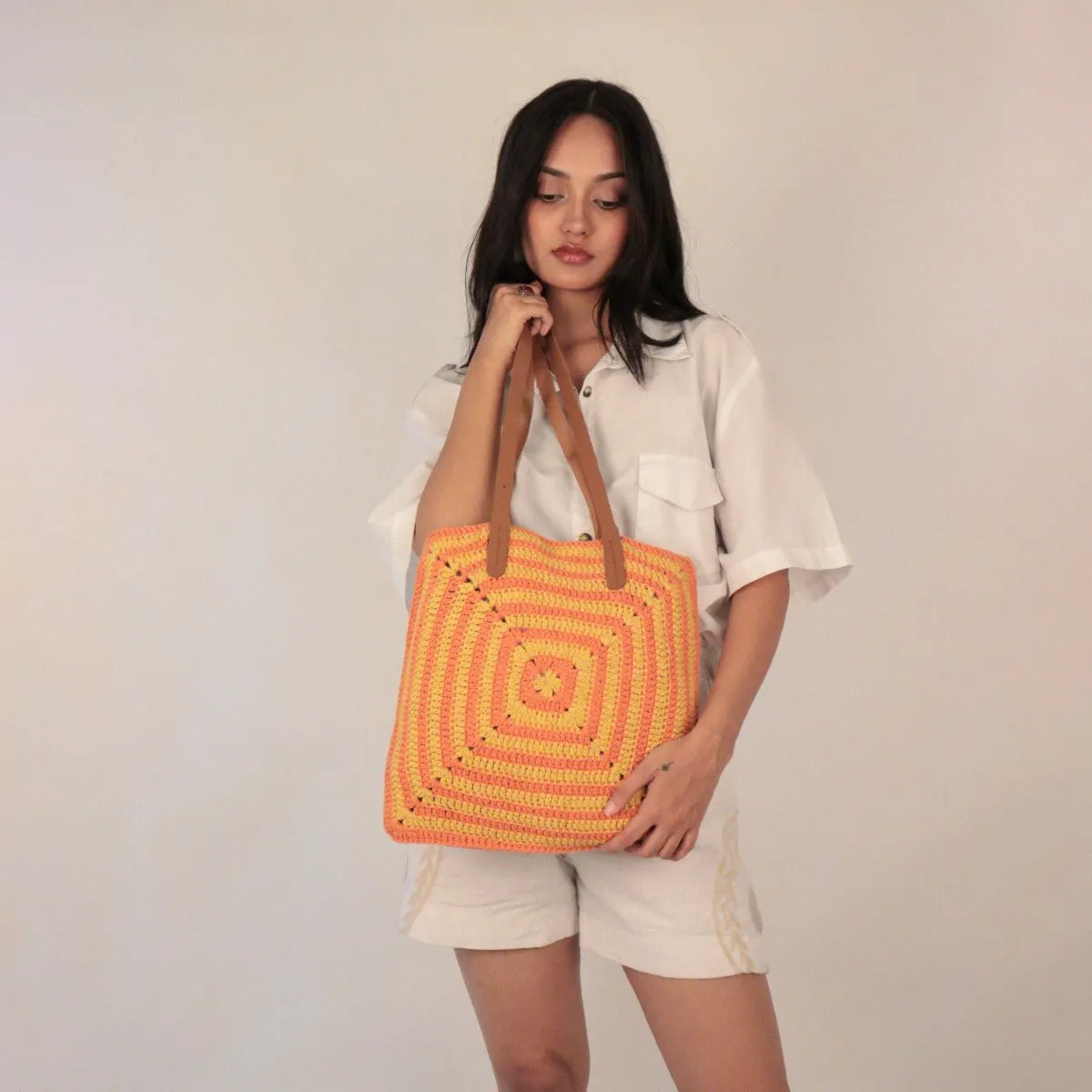Geometric Tote Bag | Hand-Crochet | Cotton Yarn | Dusty Orange