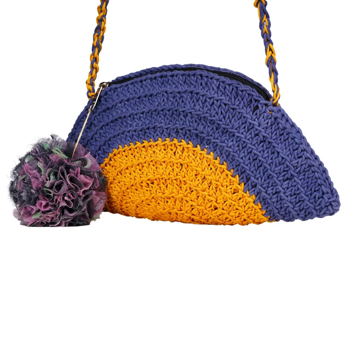 Half Circle Sling Bag | Hand-Crochet | Navy Blue & Mustard Yellow