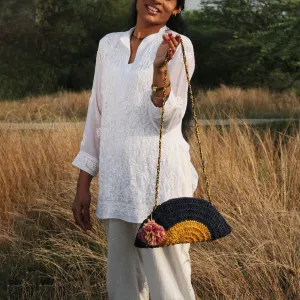 Half Circle Sling Bag | Hand-Crochet | Navy Blue & Mustard Yellow