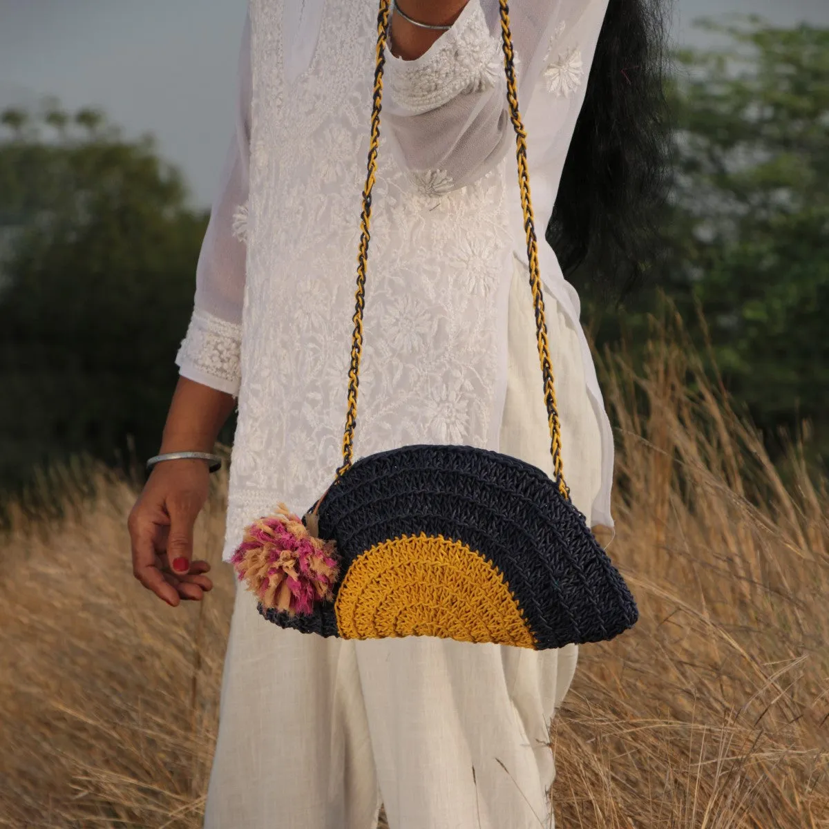 Half Circle Sling Bag | Hand-Crochet | Navy Blue & Mustard Yellow
