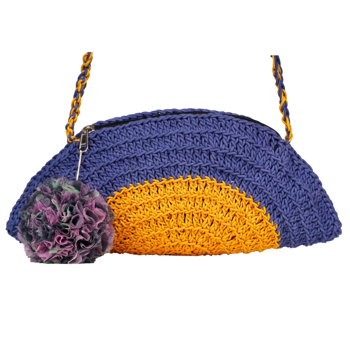 Half Circle Sling Bag | Hand-Crochet | Navy Blue & Mustard Yellow
