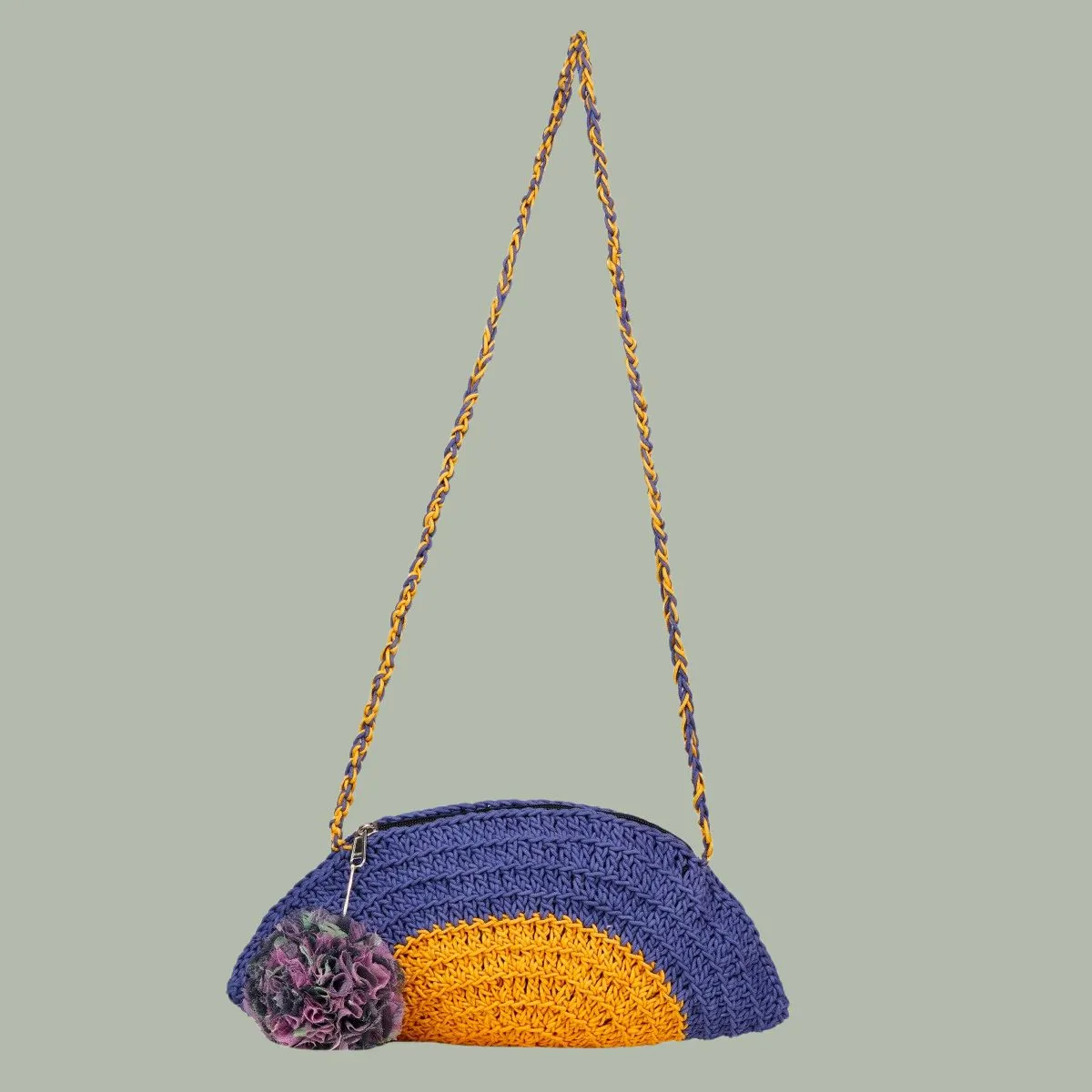 Half Circle Sling Bag | Hand-Crochet | Navy Blue & Mustard Yellow