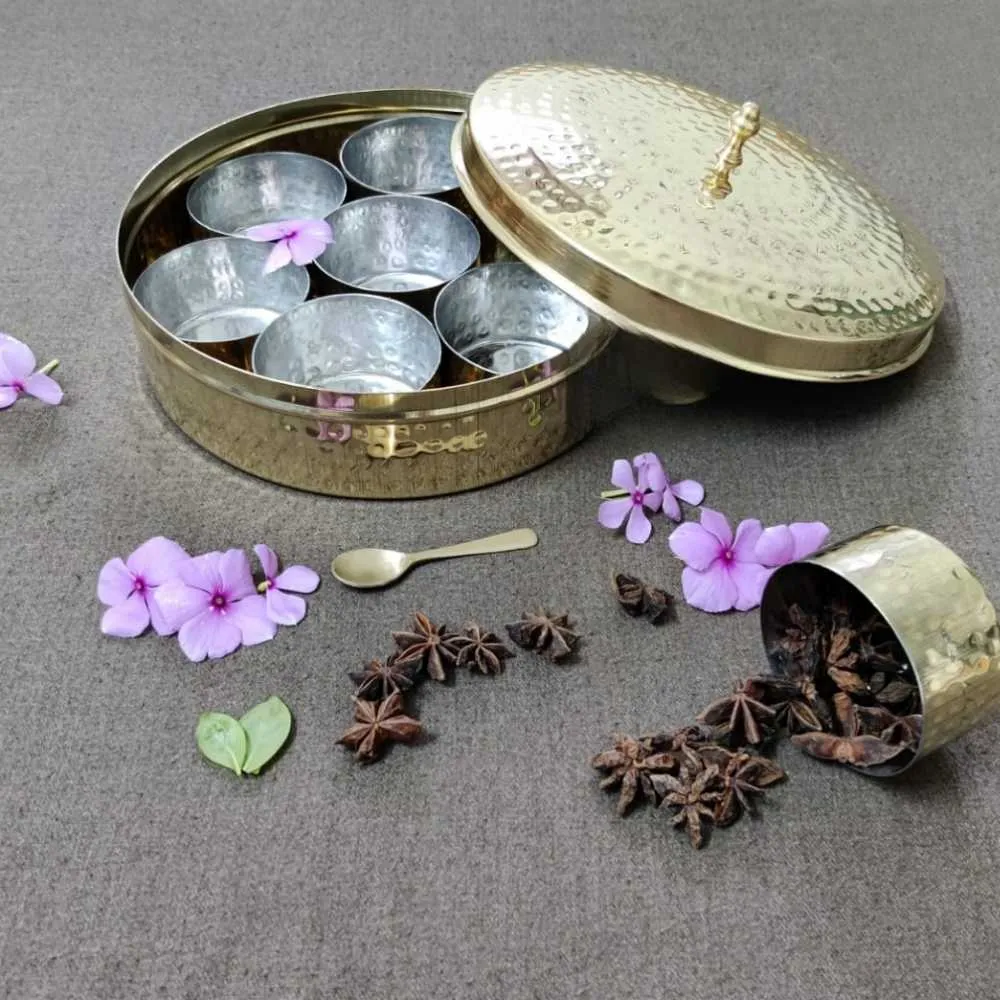 Hammered Pattern Brass Spice Box | Tin Coated Cups | Authentic And Durable