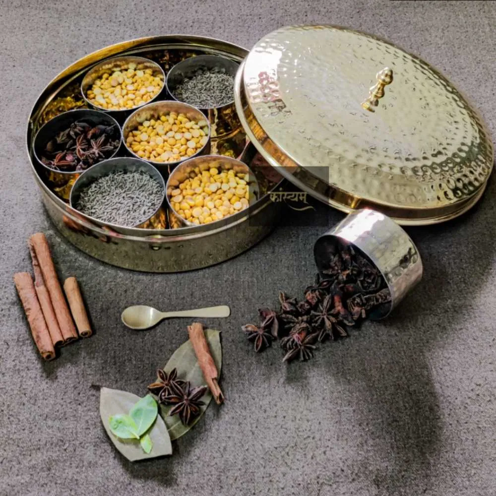 Hammered Pattern Brass Spice Box | Tin Coated Cups | Authentic And Durable