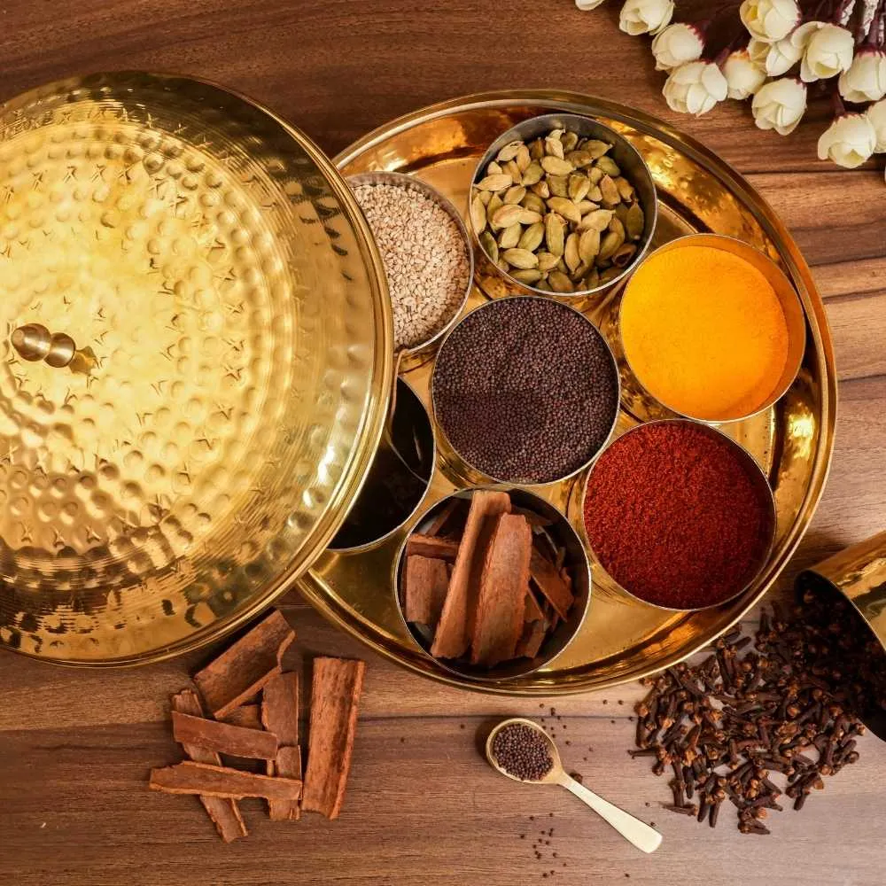 Hammered Pattern Brass Spice Box | Tin Coated Cups | Authentic And Durable