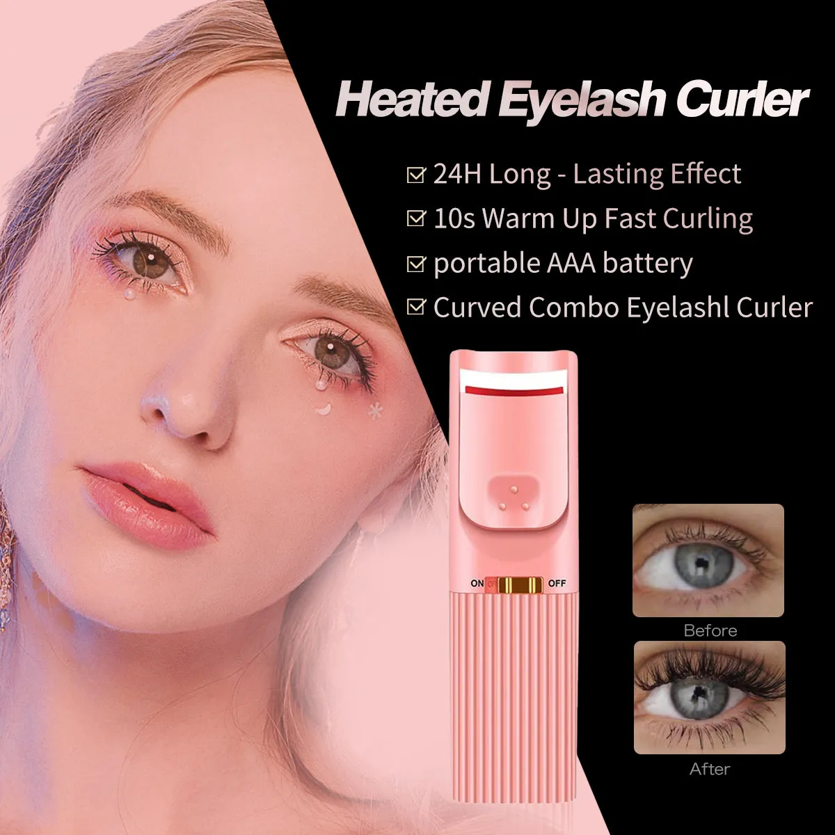 heated eyelash curler, long-lasting styling, natural-looking curl ,battery models - pink