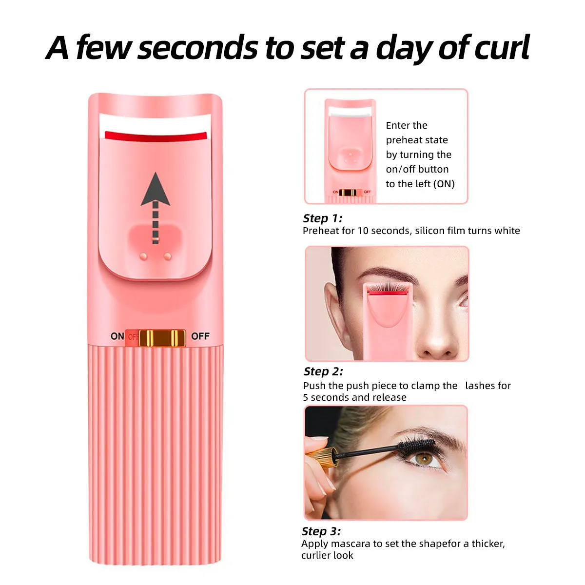 heated eyelash curler, long-lasting styling, natural-looking curl ,battery models - pink