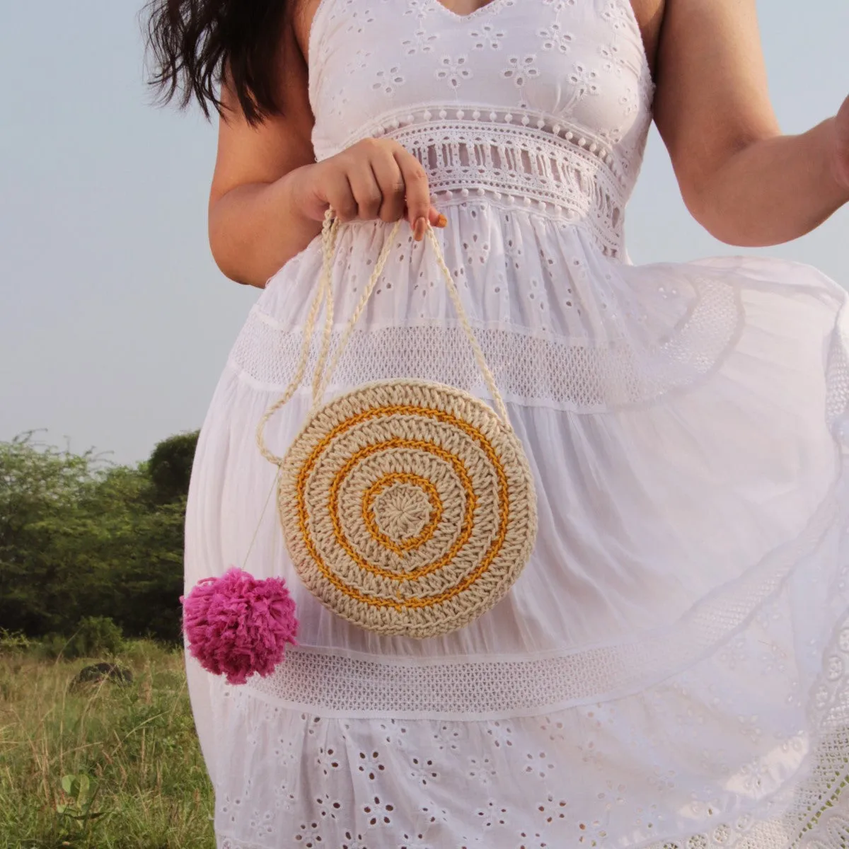 Miniature Round Mini Sling Bag | Hand-Crochet | Off White & Mustard