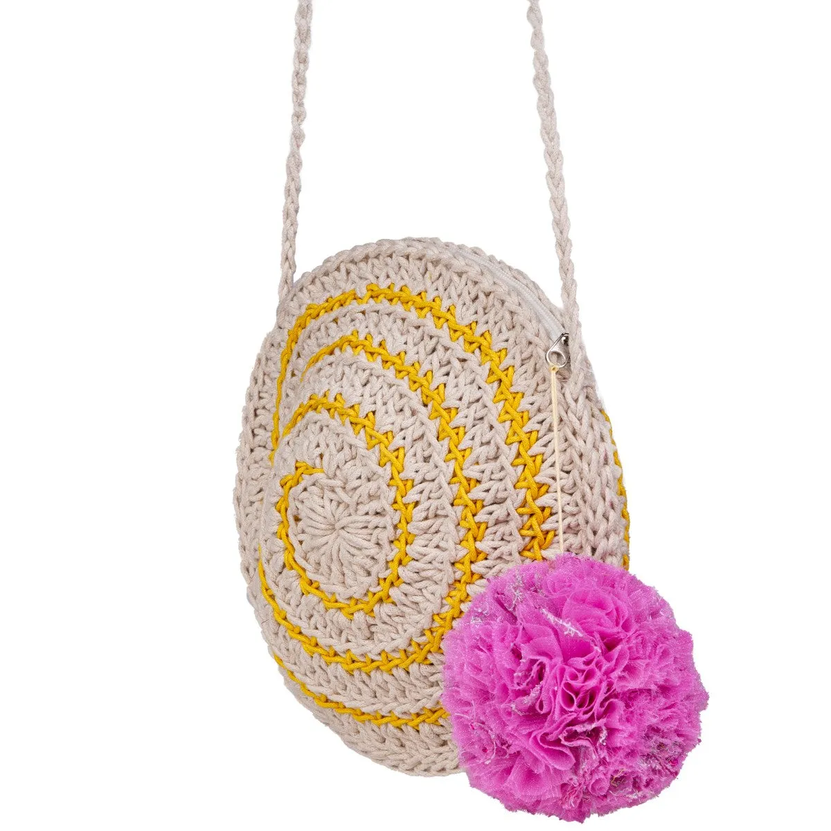 Miniature Round Mini Sling Bag | Hand-Crochet | Off White & Mustard