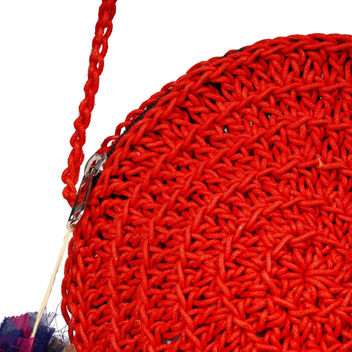 Miniature Round Sling Bag | Crochet Work | Cotton Yarn | Crimson Red